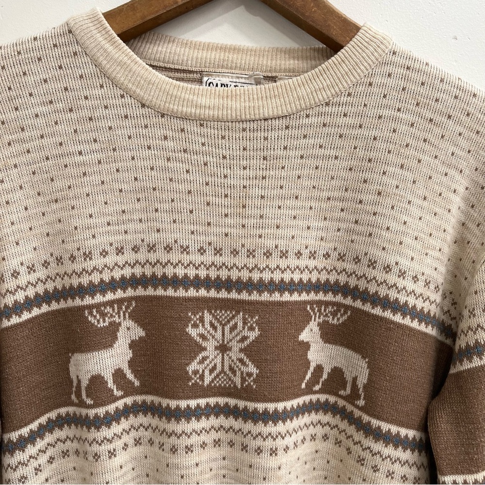 Vintage 70’s 80’s men’s crewneck Nordic fair isle sweater reindeer snowflakes L - Picture 4 of 9